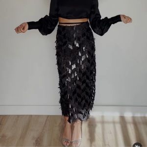 Zara Black Sequin Midi Skirt with Slit
